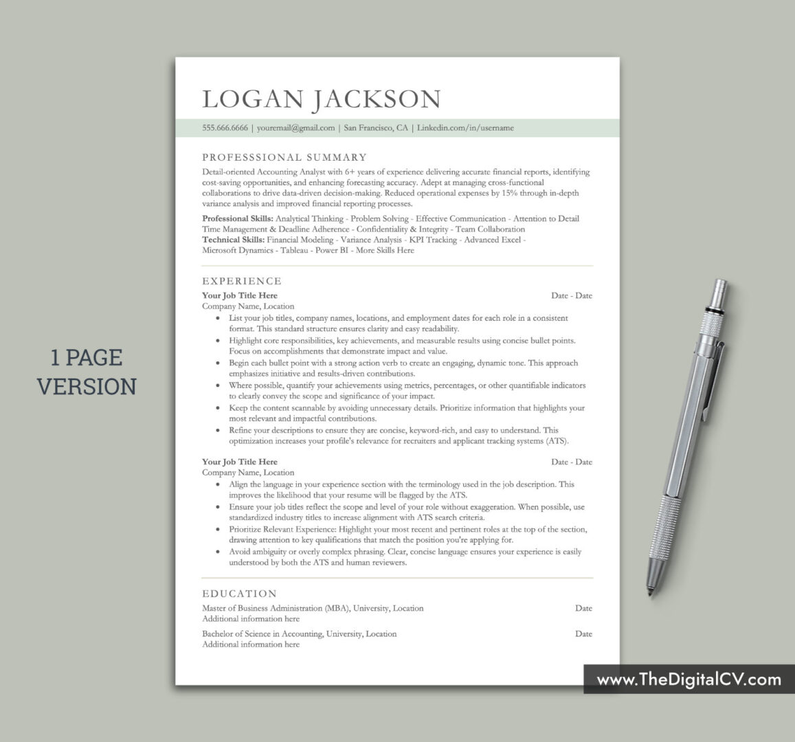 ATS Friendly Resume Template for MS Word, ATS CV Template, Professional